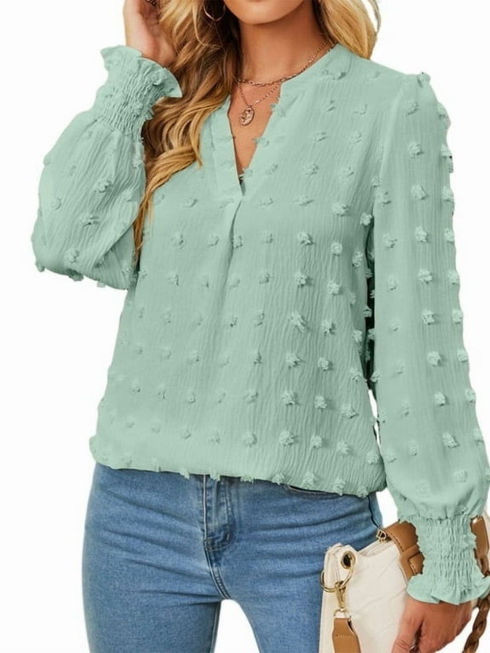 Textured Mint Green Long-Sleeve V-Neck Blouse